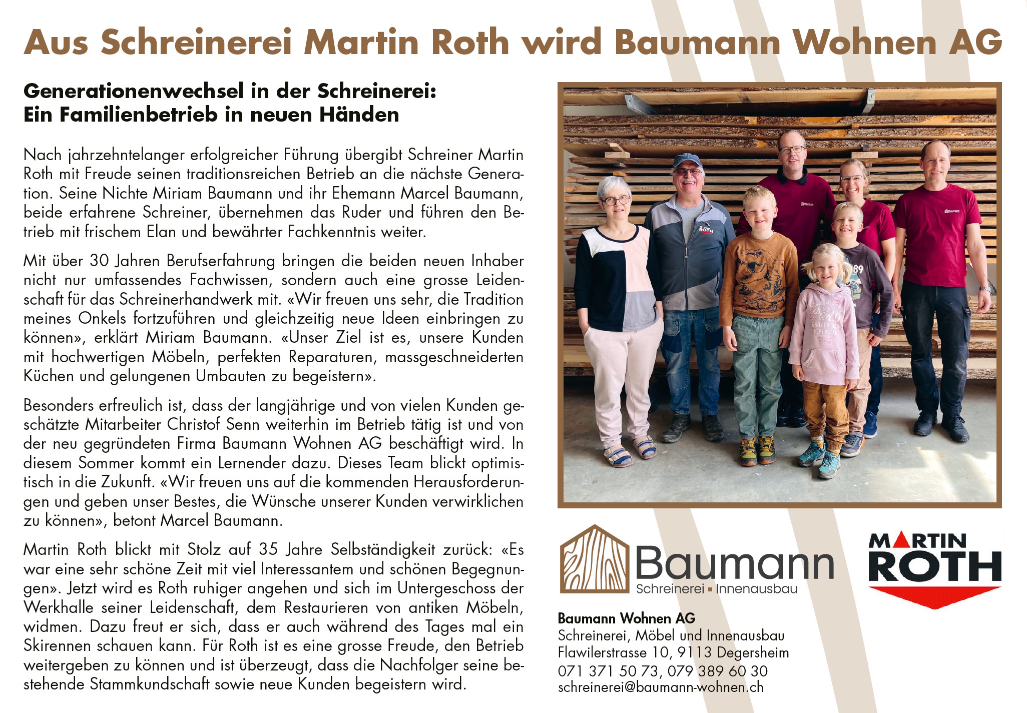 Zeitungsartikel FlaDeBlatt - Aus Schreinerei Martin Roth wird Baumann Wohnen AG